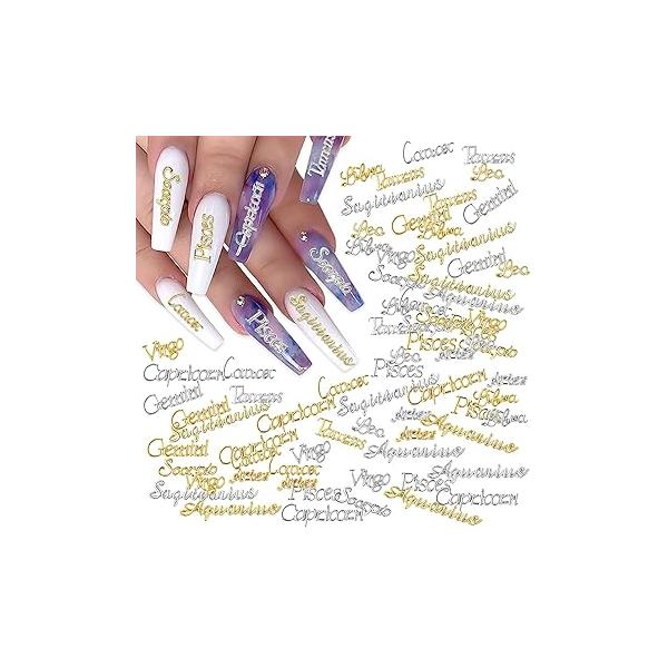 72 Pieces Alloy Zodiac Word Message Nail Charms Gold and Pink Constellation Words Signs Studs Twelve for Women Girls Art Decoration