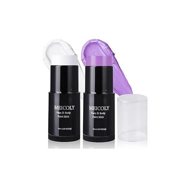 MEICOLY White Purple Face Body Paint Stick 1.06 Oz/pc,Bundle Clown Makeup Foundation,Purple Eye Black for Sports,Joker Zombie Vampire Skeleton Cosplay Halloween Stick,2pcs