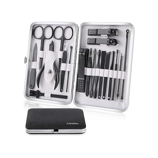 Manicure Set, Jubolion 19pcs Stainless Steel Professional Nail Clippers Pedicure Set with Black Leather Storage Case, Portable Grooming Kit for Travel or Home, Perfect Gifts Women and Men (Black)