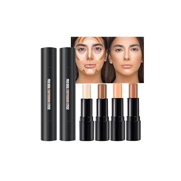 4 Colors Cream Contour Sticks Makeup Kit, Primer Face Highlighter Contouring for Beginners, Highlight and Concealer Blur Stick, Corrector 1#,3#