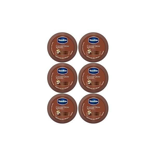 Vaseline Cocoa Glow Body Cream 6-Pack - Pure Butter 48H Moisturizing for Dry Skin, Travel-Size, 2.53 Fl Oz Ea
