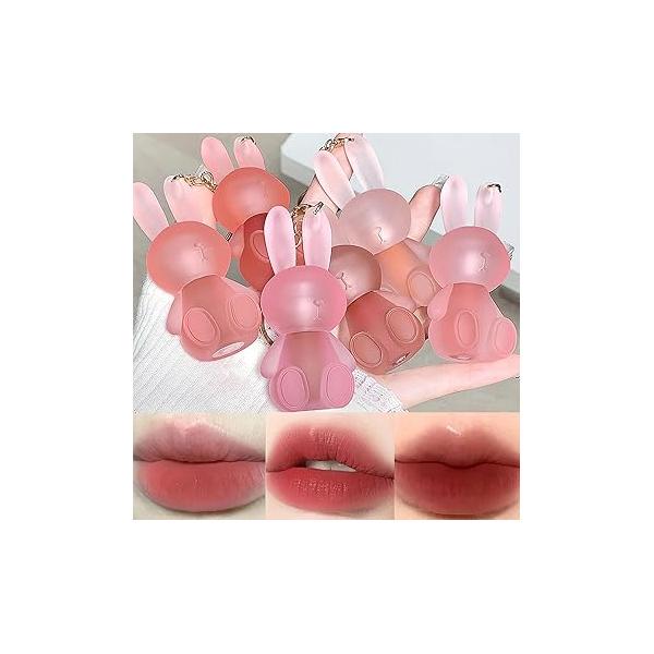 6 Colors Velvet Matte Liquid Lipstick set, Cute Rabbit Lip Glaze 2 in 1 Key Chain Gloss Stain, Waterproof Non-Stick Cup Long Lasting Clay Makeup for Girls (A)