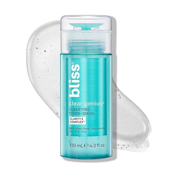 Bliss Clear Genius Clarifying Toner + Serum - 4.3 Fl Oz Purifies Pores, Tones, Calms & Clears Skin Salicylic Acid, Niacinamide Witch Hazel Clean Paraben Free Vegan Cruelty-Free