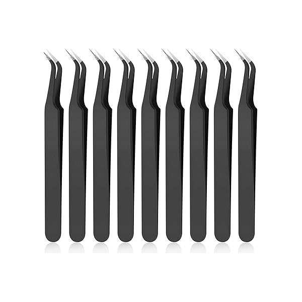 Honoson 9 Pieces Curved Pointed Craft Tweezers Stainless Steel Precision Tweezer with Protective Cover for Rhinestones Dried Flowers Stickers Eyelash Extension Jewelry Making(Black)