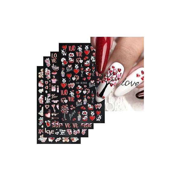Heart Nail Art Stickers 5D Red Self Adhesive Decals 4 Sheets Cute Bear Flowers Cup Designs Love Valentine’s Day for DIY Manicure Decoration