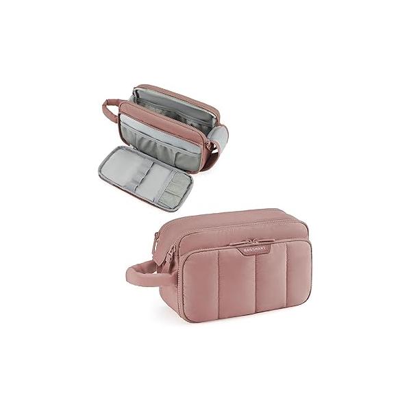 BAGSMART Travel Makeup Bag Organizer, Puffy Make Up Bag, Cosmetic Organizer Case for Essentials Toiletries Accessories Bottles, Brushes (Pink)