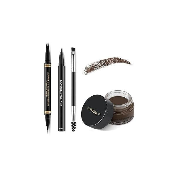 Makeup Kit with 4 Tip Waterproof Microblading Eyebrow Pencil, Eyeliner, Pomade and Dual-ended Brush - Black