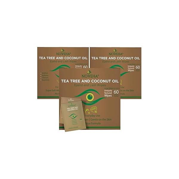 NOVEHA Tea Tree & Coconut Oil Eyelid Lash Wipes | For Demodex, Blepharitis Itchy Eyes, Box Of 60 Individually Wrapped Eyelash With Aloe Vera, Natural Makeup Remover Daily Eye Cleanser