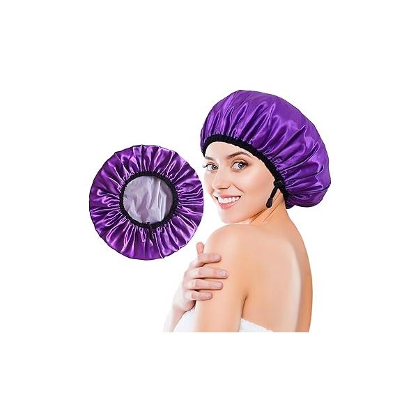 Shower Cap for Women, Large Caps Reusable Waterproof with Elastic Band, Silky Satin Double-layer Bath Braids Long Hair
