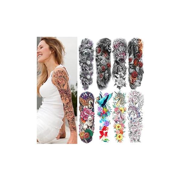 Full Arm Temporary Tattoo Sleeve for Women 8 Sheets, Flora Tattoos Temporary, Fake That Look Real, Skeleton, Skull BBQ Pool Beach Party