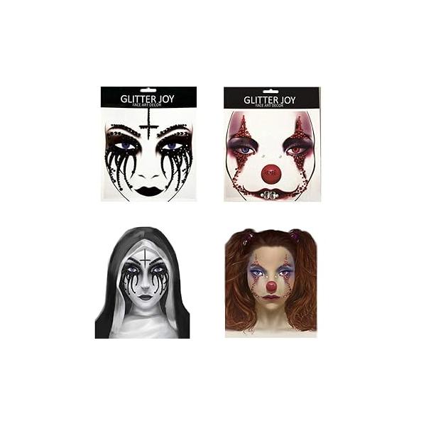 2 Pack Halloween Face Gems Jewels Clown Sticker Nun Makeup Tattoo Scary Temporary Rhinestone for Festival Rave Party Make Up Accessories