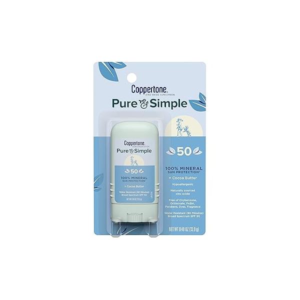 Coppertone Pure and Simple Mineral Sunscreen Stick SPF 50, Water Resistant, Hypoallergenic, Face with Broad Spectrum UVA/UVB Protection, 0.49 oz