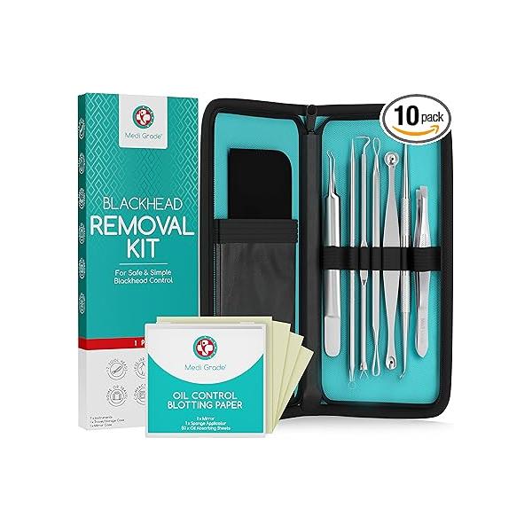 Blackhead Remover Kit with Oil Control Blotting Paper [50 Sheets] - Stainless Steel Pimple Popper, Extraction Including Spot Poppers, Whitehead & Extractors