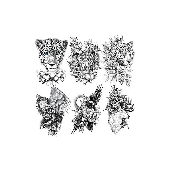 6 Sheets Large Sexy Flower Rose Temporary Tattoos for Women Girls Adults, Body Art Fake Arm Tattoo Stickers, Waterproof Black Floral Chrysanthemum Tatoos