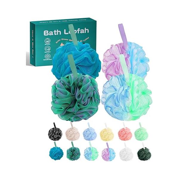 Amazerbst 4 Pack Bath Sponges Mesh Balls Shower Loofahs Wash Back Body Cleaning Scrubber Exfoliator Loofah Sponge Bathing Accessories Women Men