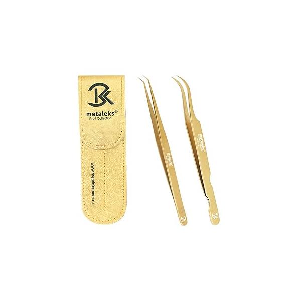 2Pcs Eyelash Extension Tweezers Set Made of Japanese Stainless Steel with Pouch (Multi Titanium Coated)