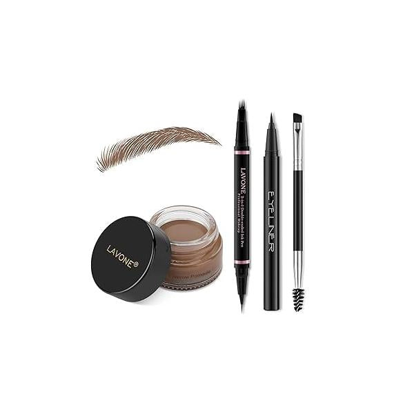 LAVONE Eyebrow Pencil Makeup Kit, with Waterproof 2-IN-1 Microblading Pen, Pomade, Eyeliner and Dual-ended Brush, Brow Kit for Natural Eyebrows - Dark Brown