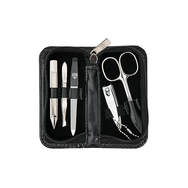 3 Swords Germany - brand quality 5 piece manicure pedicure grooming kit set for professional finger & toe nail care scissors clipper genuine leather brown case in gift box, Made