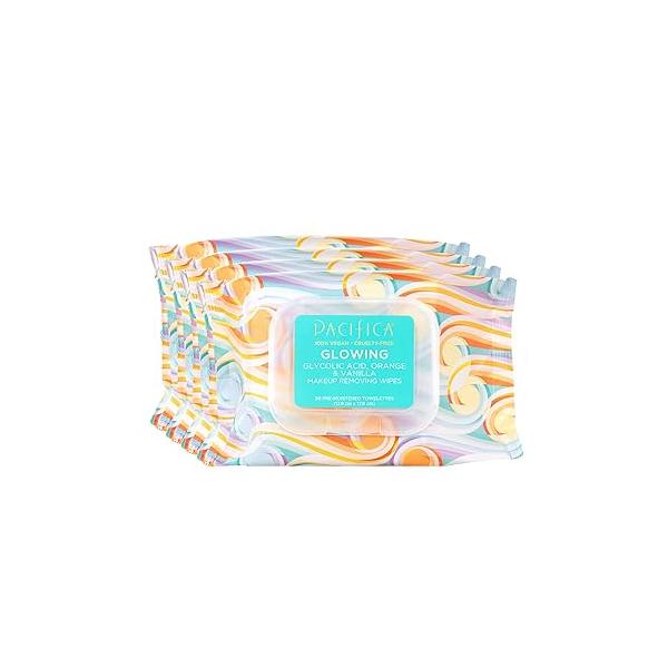 Pacifica Beauty | Glowing Makeup Remover Wipes Gycolic Acid, Coconut Water, Aloe Infused Daily Cleansing + Exfoliating Clean Skin Care Plant Fiber Facial Towelettes 4 Count Vegan