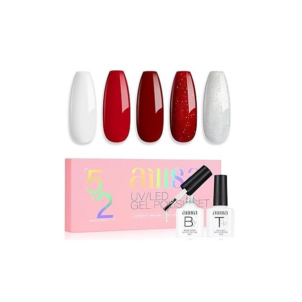 AILLSA Nude Pink Gel Nail Polish Set - White, Red, Milky Neutral Translucent with Base and Top Coat 5+2 Kit Bright Wedding Color Jelly Soak Off U V Manicure Salon DIY at Home