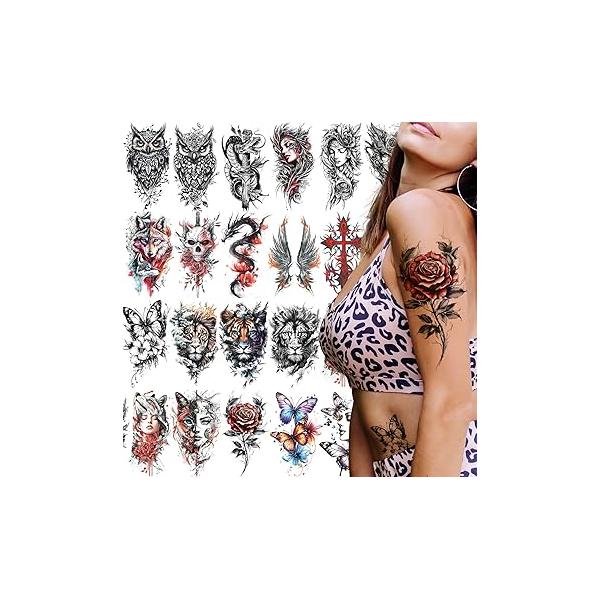 21 Sheets Large Temporary Tattoos Flower Paper Sexy Body Tattoo Sticker for Women & Girl Fake (Lily, Peach, Plum, Peony)