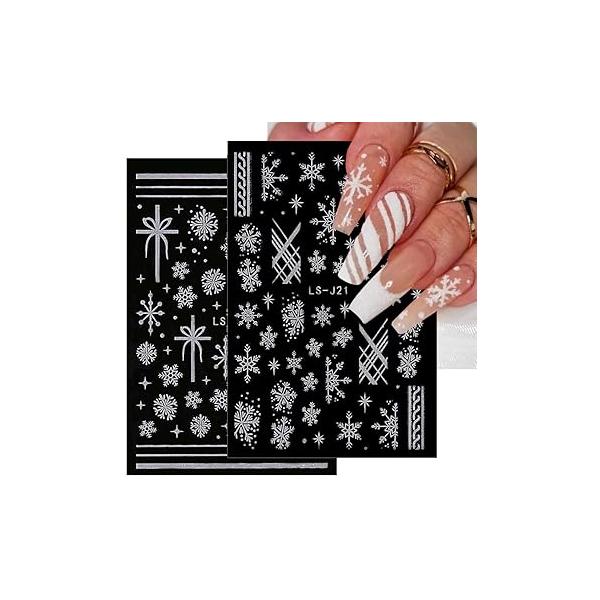 Christmas Nail Art Stickers Decals 3D White Snowflake Self-Adhesive Supplies Elk Heart Design Acrylic for Women DIY Manicure Tattoos Decoration 6 Sheets
