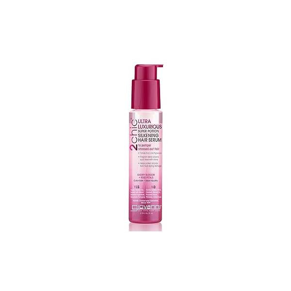 GIOVANNI 2chic Ultra-Luxurious Super Potion Silkening Hair Serum - Cherry Blossom & Rose Petals, Aloe Vera, Pro-Vitamin B5, Smooths Curly Wavy Hair, Paraben Free, Color Safe 2.75 oz
