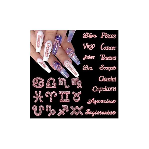 48 Pieces Pink and Silver Alloy Zodiac Nail Charms Signs Studs Constellation Words for Nails Twelve Set Women Girls Art Decoration