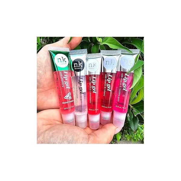 5 Pack Lip Gloss Set of Gels - Clear, Watermelon, Strawberry, Cherry, and Bubble Gum Hydrating Glosses with Vitamin E