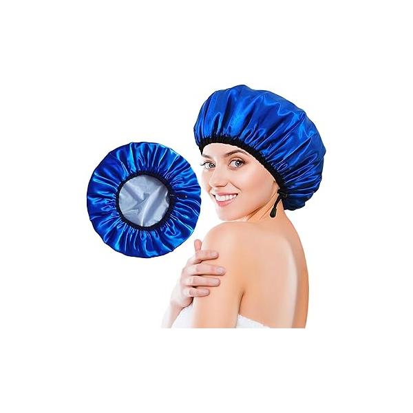 Shower Cap for Women, Large Caps Reusable Waterproof with Elastic Band, Silky Satin Double-layer Bath Braids Long Hair