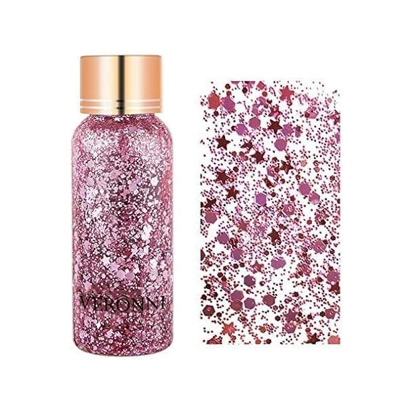 Pink Glitter Body Gel, Sequins Liquid Eye Shadow Face Festival Cosmetic Hair Nails Makeup Long Lasting Sparkling for Party Decoration (03)