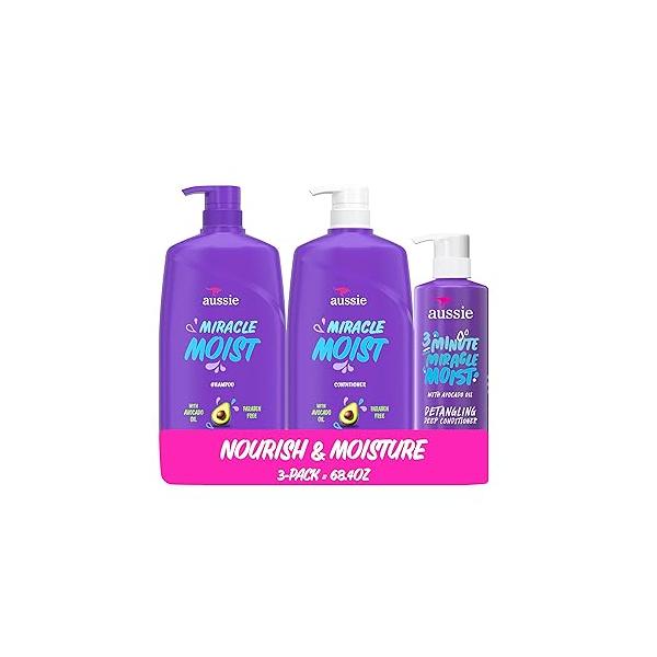 Aussie Miracle Moist Shampoo and Conditioner with 3 Minute Deep Conditioner, Avocado & Jojoba Oil, Paraben-Free, Moisturizes Detangles, All Hair Types, Citrus Floral Scent, Pack 68.4 Fl Oz
