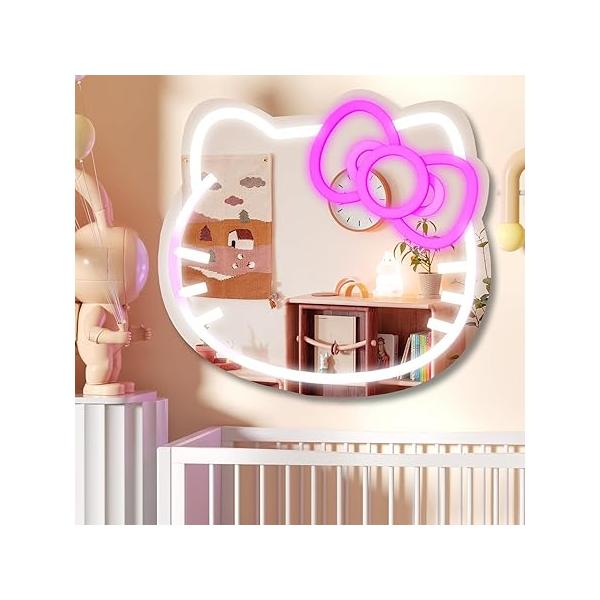 Anime Hello Kit Cat Neon Sign Mirror L16.1 W14 Vanity with Lights Bedroom Wall for Pink Room Decor and a Makeup Teen Girl Gifts