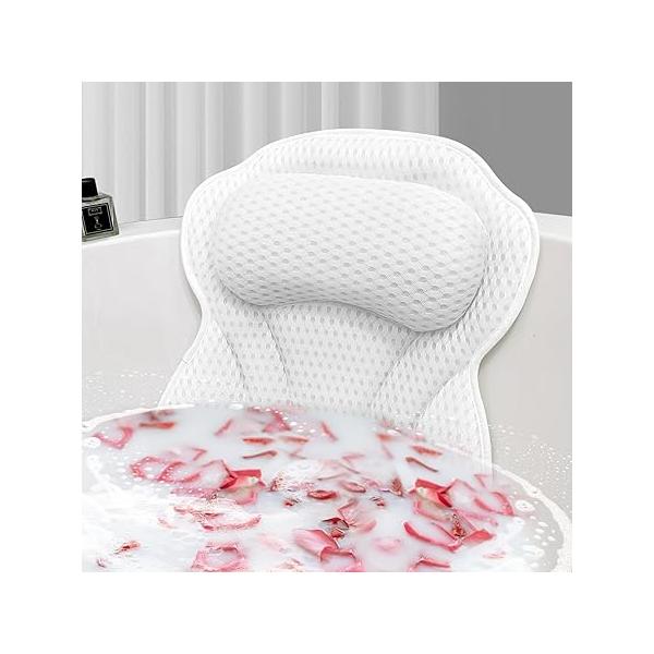 Bath Pillow for Bathtub, 4-Inch Thick Ergonomic Head Neck Support, 6 Strong Suction Cups, Breathable 4D Air Mesh - Machine Washable, Quick Dry, Luxury Spa Accessories (White, 17.3” x 16.7”)