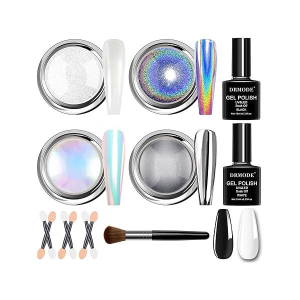 Chrome Nail Powder for Women - White Pearl Powder, Aurora Mermaid Iridescent Chromes Holographic Unicorn Rainbow Nails Sliver Metallic Mirror Effect Glitter Manicure