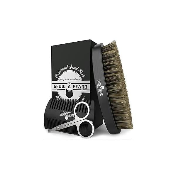 Beard Brush For Men & Comb Set w/Mustache Scissors Grooming Kit, Natural Boar Bristle Brush, Dual Action Wood Comb, And Travel Bag Great Christmas Gift (Black)