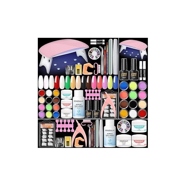 Acrylic Nail Kit for Beginners with Drill and U V Light 6 Colors Powder Clear Nude Pink 4PC Gel Polish 24PC Glitter Powders Rhinstones Nails Set Gifts Women