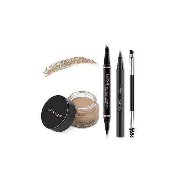 LAVONE Eyebrow Pencil Makeup Kit, with Waterproof 2-IN-1 Microblading Pen, Pomade, Eyeliner and Dual-ended Brush, Brow Kit for Natural Eyebrows - Dark Brown