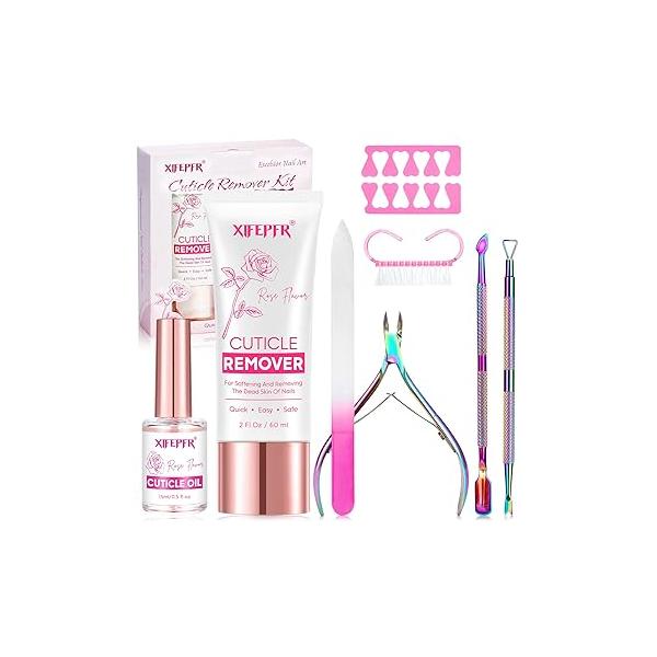 Cuticle Remover Kit - Cream & Oil, Rose Flavor Care with Trimmer Pusher Nipper for Manicure, Removedor de Cuticula Nail