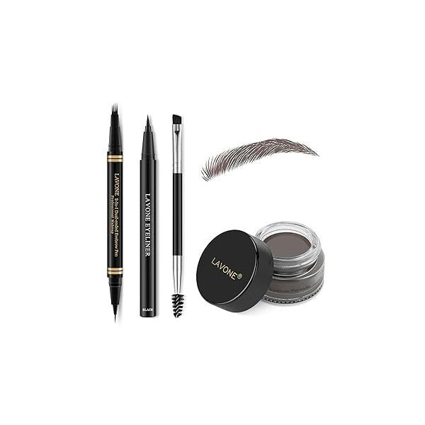 Makeup Kit with 4 Tip Waterproof Microblading Eyebrow Pencil, Eyeliner, Pomade and Dual-ended Brush - Black