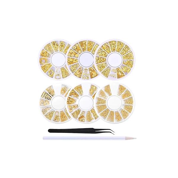 WOKOTO 6 Boxes Gold Nail Charms Studs Rose Star Moon Feather Shape Metal 3D Charm Kit Art Jewelry Decoration With 1Pc Tweezers And Picker Pencil Tools