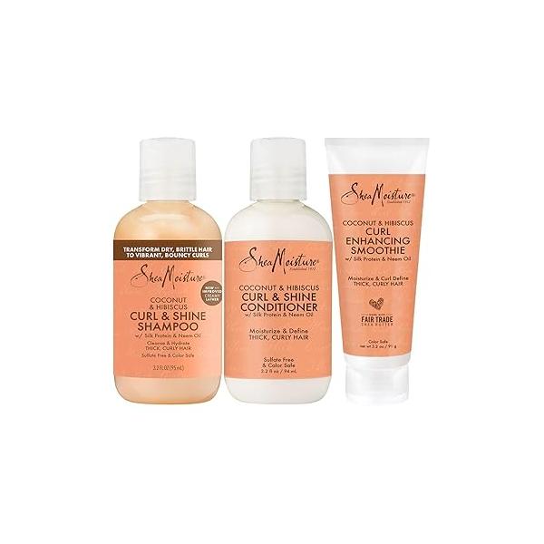 SheaMoisture Curl & Shine Shampoo, Conditioner Enhancing Smoothie, Travel-Size - Coconut Hibiscus Curly Hair Products for Shiny Frizz Control, 3.2 Oz Ea (3 Piece Set)