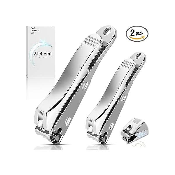 Alchemi Curved Blade Nail Clippers with Catcher, Surgical Sharp Fingernail & Toenail for Men Thick Nails, Heavy Duty No Splash Cutters Seniors, 2pcs Set