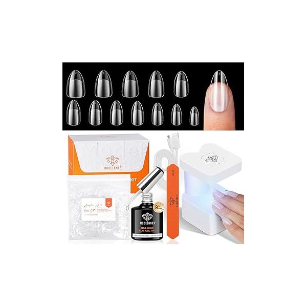 modelones Gel Nail Kit Short Almond Tips, 9-in-One Glue with Portable U V Lamp, 216Pcs 12Sizes Press On Acrylic False Nails Tip Extension DIY Art Gift for Women