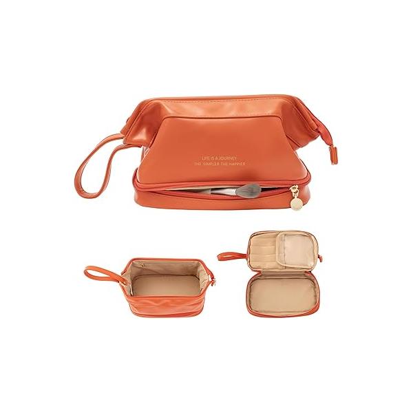 Abiudeng Large Capacity Makeup Bag Ladies Cosmetic Travel with Compartments Portable PU Leather Handle