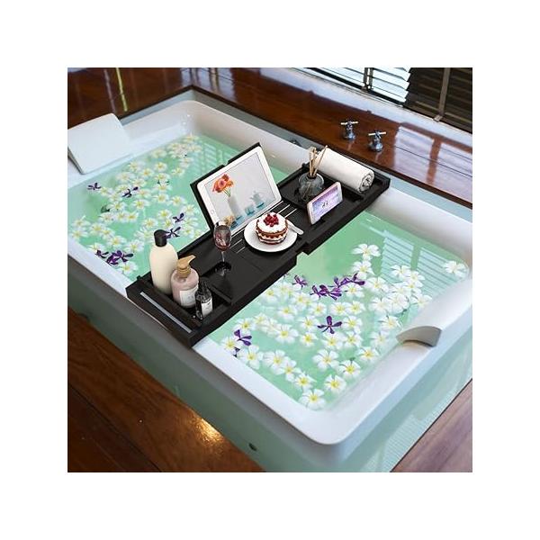 Bamboo Bathtub Tray for Luxury Bathroom, Expandable Premium Bath w/Soap Towel Book Holder, Adjustable Accessories Tub,Extendable Tub with Wine Glass Cup Organizer 29.5"-43.3" Black