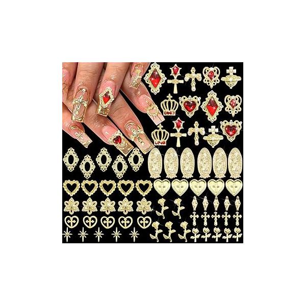 BELICEY 190PCS 3D Nail Charms - Silver Star Cross Planet Rivet Punk Cone Jewels for Acrylic Nails