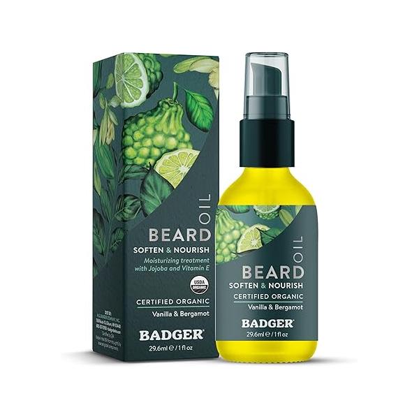 Badger Beard Oil, Babassu & Jojoba, Certified Organic, Premium Conditioner, Oil for Dry Skin, Long Beards, Facial Hair 1 fl oz Glass Bottle