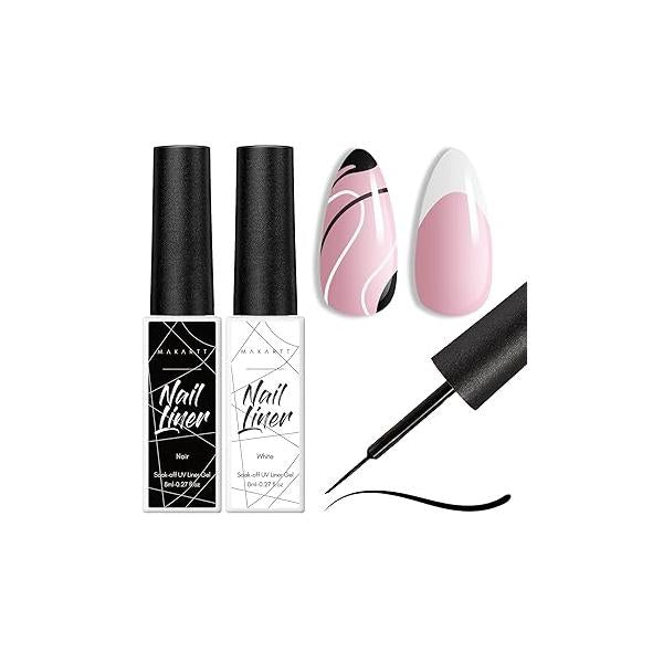 Makartt Gel Nail Polish Liner Set 8ML 2 Colors White and Black for Winter French Art Tips Swirls DIY Manicure Soak Off UV Curing with Thin Brush