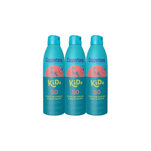 Coppertone Kids Sunscreen Spray SPF 50, Water Resistant on for Kids, Pediatrician Recommended, 5.5 Oz Can, Pack of 3